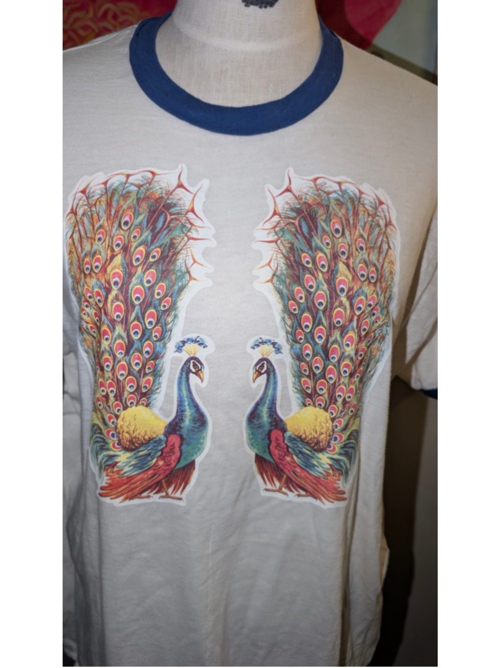 Vintage Stedman Men's Peacock Graphic Ringer Tee White Blue Size XL